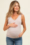 Mocha/Off White Striped Ribbed V-Neck Shoulder Tie Sleeveless Maternity Top