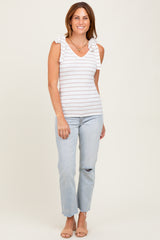 Ivory/Mocha Striped Ribbed V-Neck Shoulder Tie Sleeveless Top
