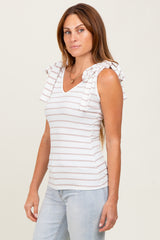 Ivory/Mocha Striped Ribbed V-Neck Shoulder Tie Sleeveless Top