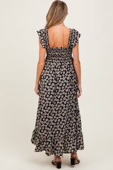 Black Floral Smocked Maternity Midi Dress