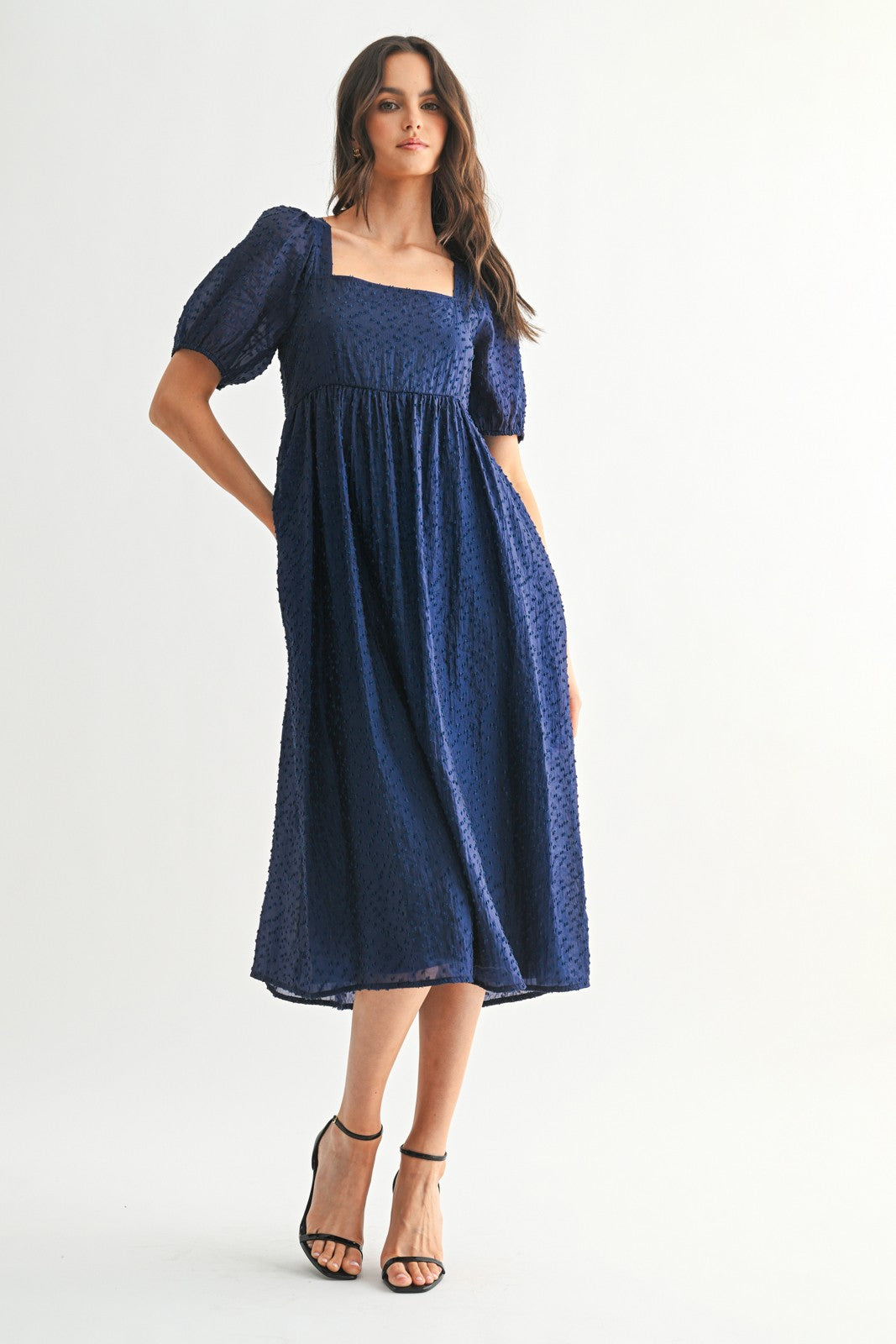 Navy Swiss Dot Puff Sleeve Maternity Midi Dress