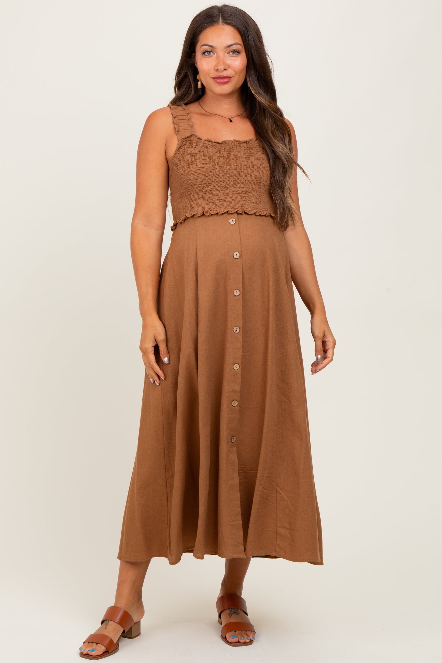 Camel Smocked Sleeveless Button Down Maternity Midi Dress
