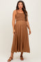 Camel Smocked Sleeveless Button Down Maternity Midi Dress