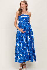 Royal Blue Floral Strapless Maternity Maxi Dress