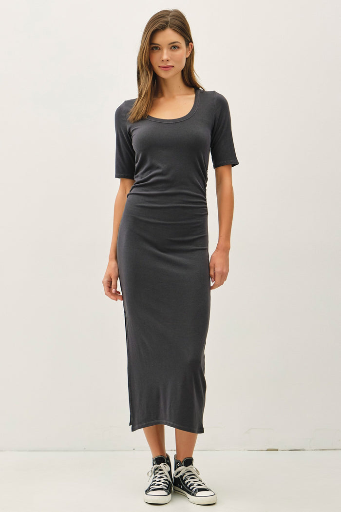 Charcoal Ruched Short Sleeve Side Slit Maternity Midi Dress