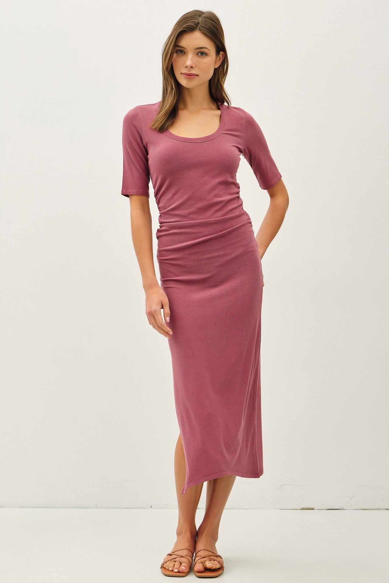 Mauve Ruched Short Sleeve Side Slit Midi Dress