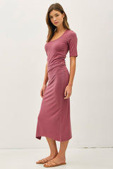 Mauve Ruched Short Sleeve Side Slit Midi Dress