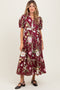 Burgundy Floral Puff Sleeve Button Down Maternity Midi Dress