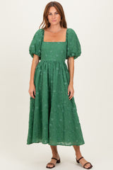 Forest Green Embroidered Floral Puff Sleeve Midi Dress