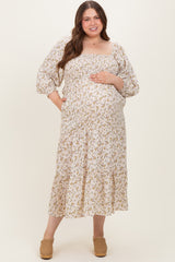 Cream Floral Smocked Long Sleeve Maternity Plus Maxi Dress