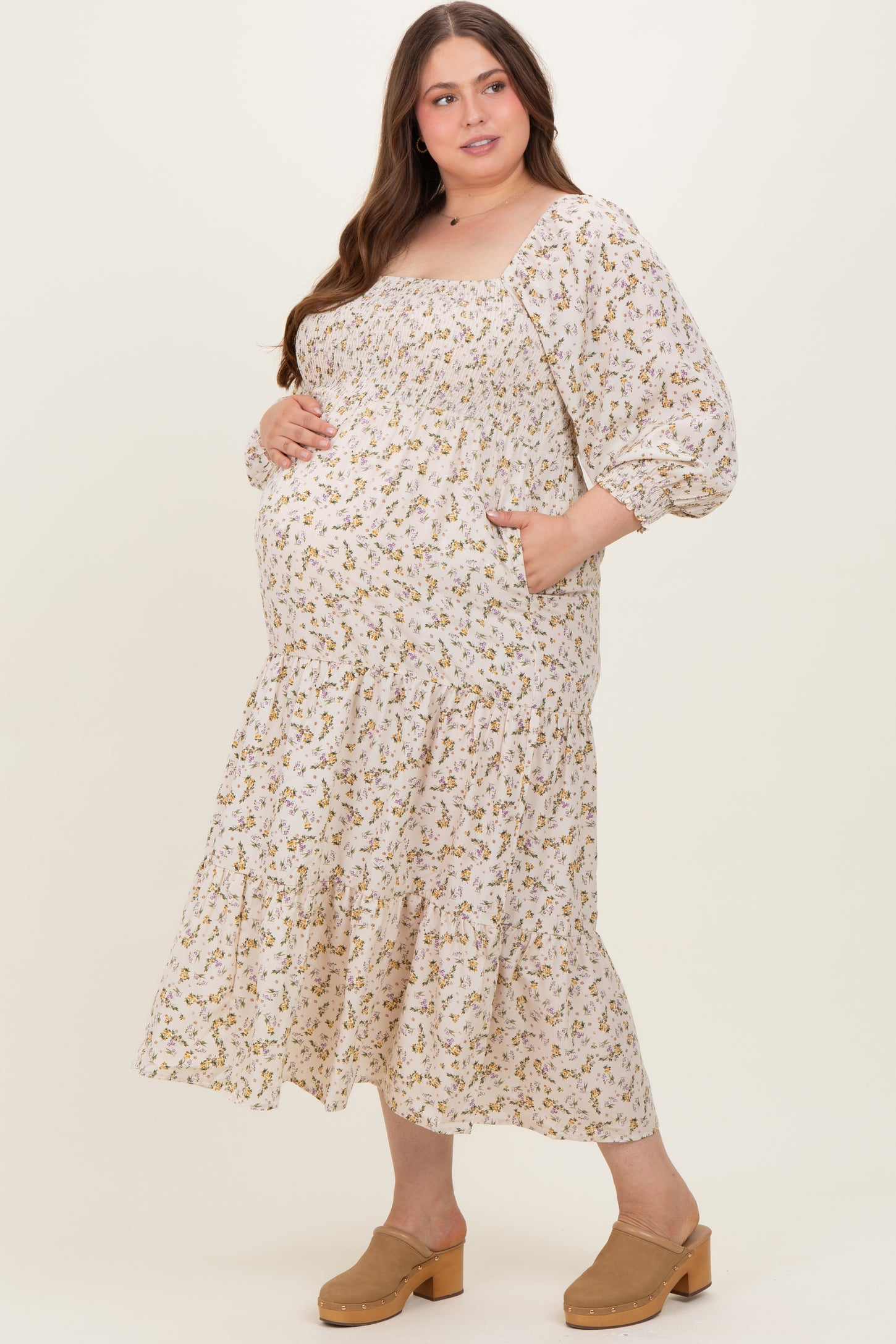 Cream Floral Smocked Long Sleeve Maternity Plus Maxi Dress