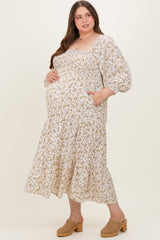 Cream Floral Smocked Long Sleeve Maternity Plus Maxi Dress