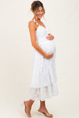 White Embroidered Twist Front Cutout Maternity Midi Dress