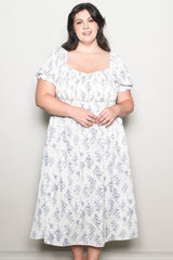 Ivory Floral Smocked Sweetheart Neckline Plus Midi Dress