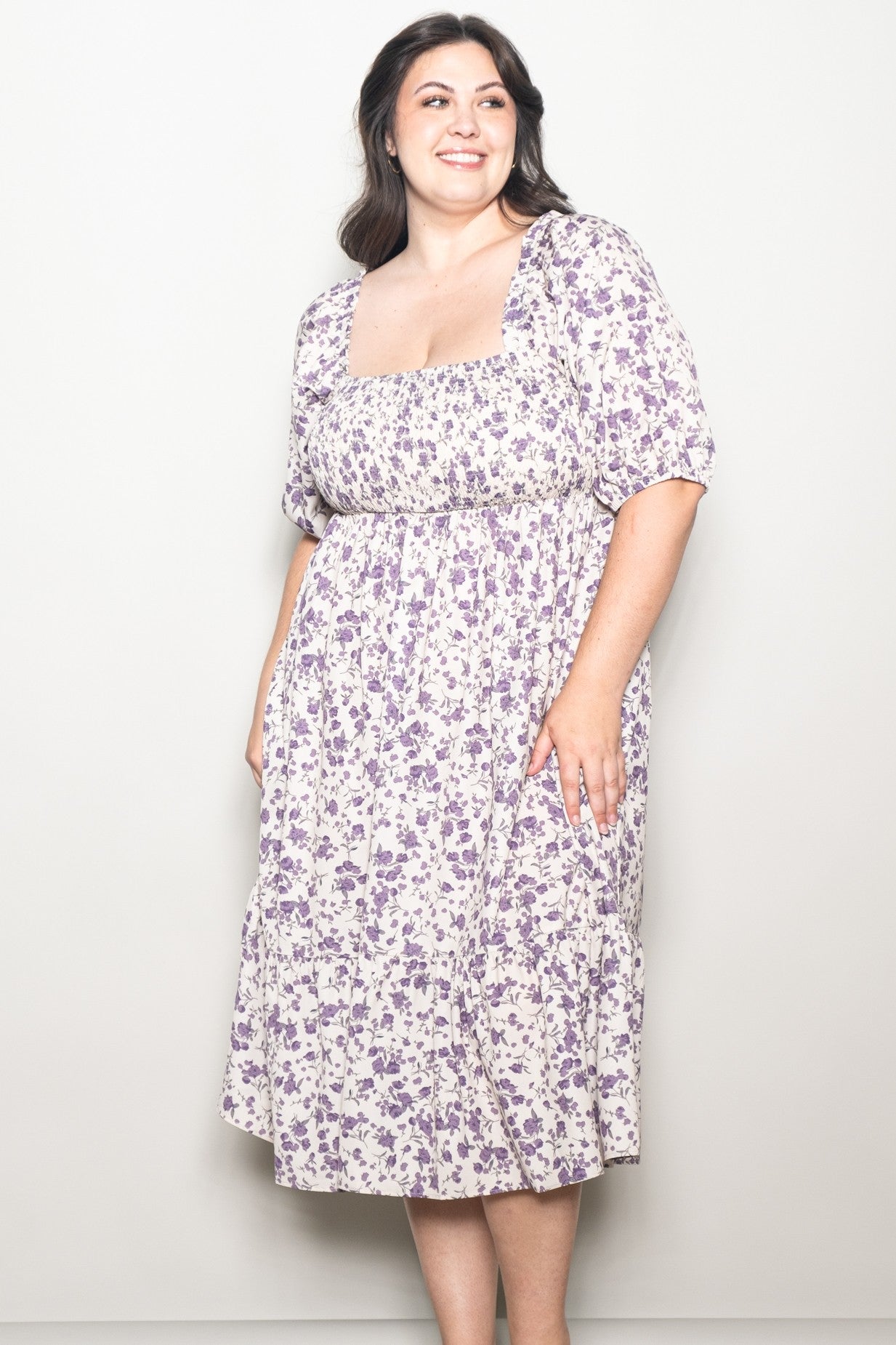 Cream Floral Smocked Plus Midi Dress