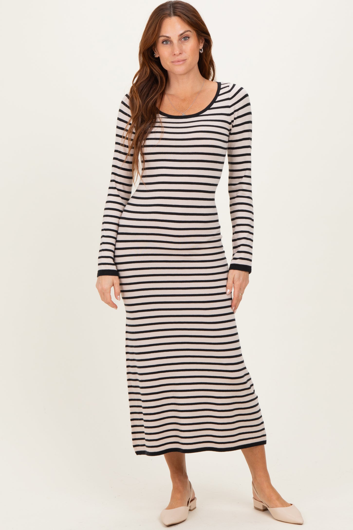 Black Striped Cutout Long Sleeve Maternity Maxi Dress