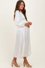 Cream Satin Smocked Pleated Maternity Midi Dress