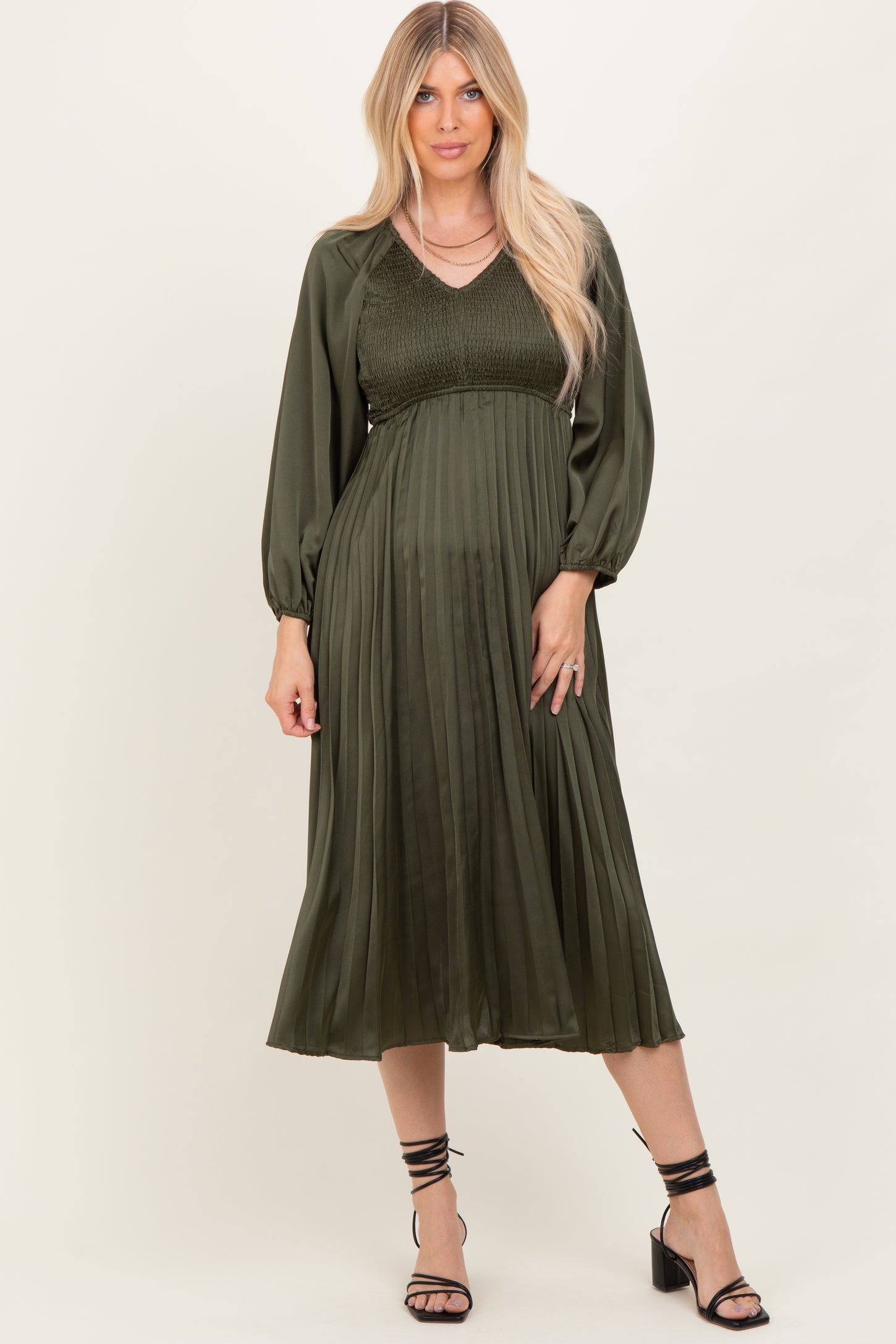 Olive Satin Smocked Pleated Midi Dress