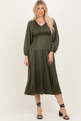 Olive Satin Smocked Pleated Midi Dress