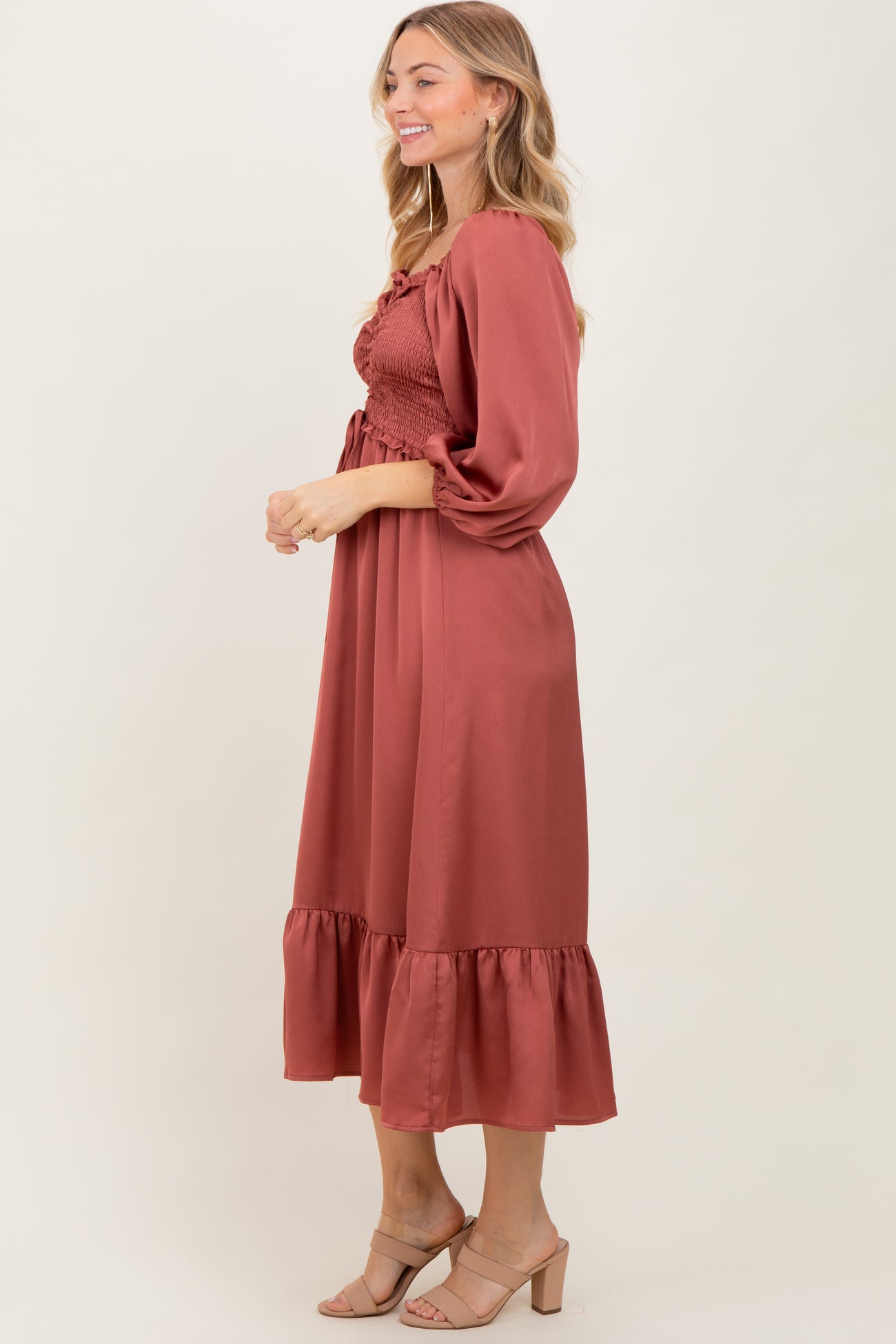 Mauve Satin Smocked Cinched Bust Midi Dress