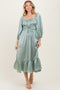 Light Olive Satin Smocked Cinched Bust Midi Dress