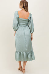Light Olive Satin Smocked Cinched Bust Midi Dress