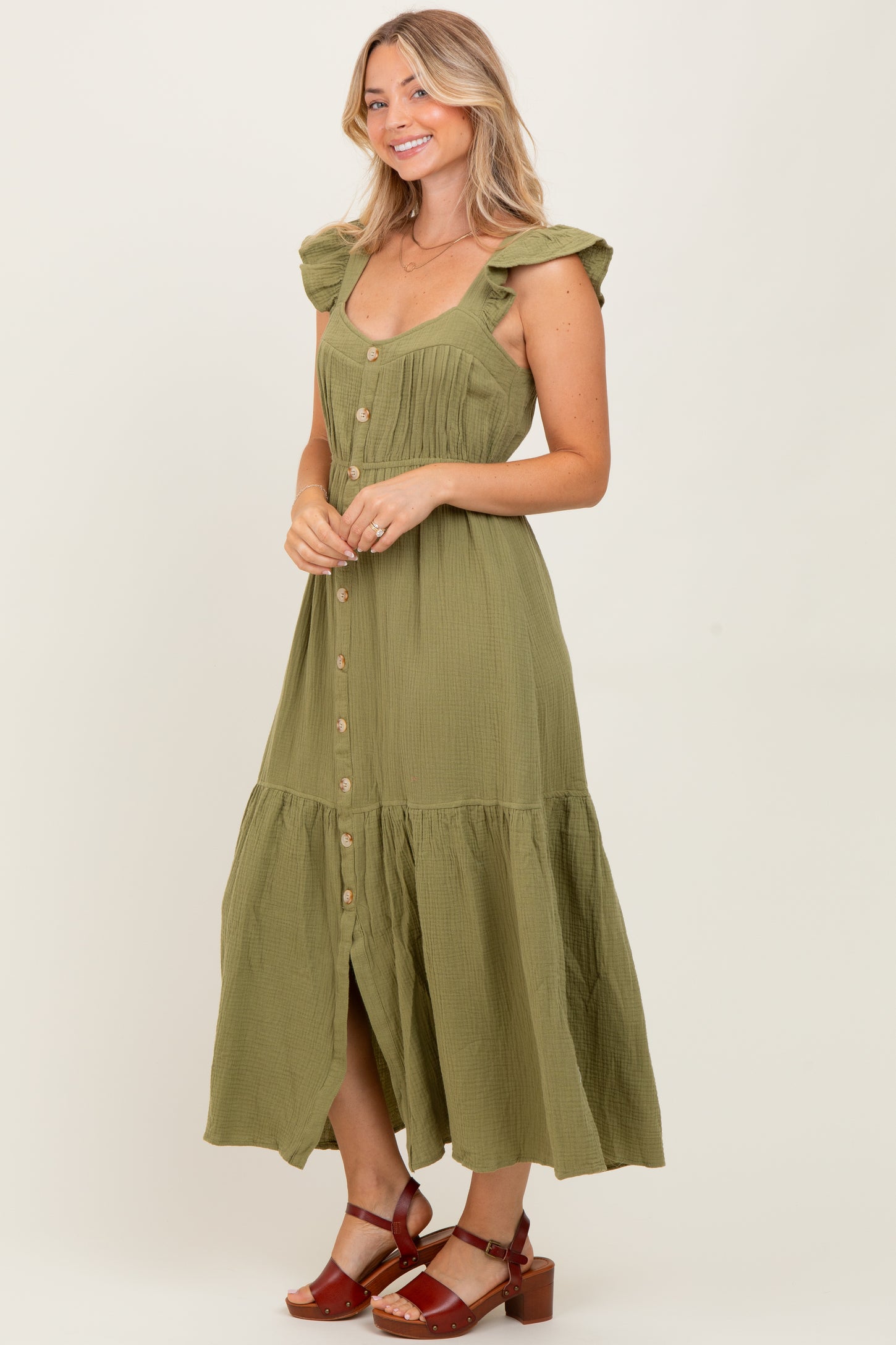 Light Olive Cotton Gauze Button Down Midi Dress