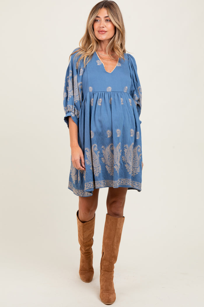 Blue Paisley Embroidered Bubble Sleeve Maternity Dress