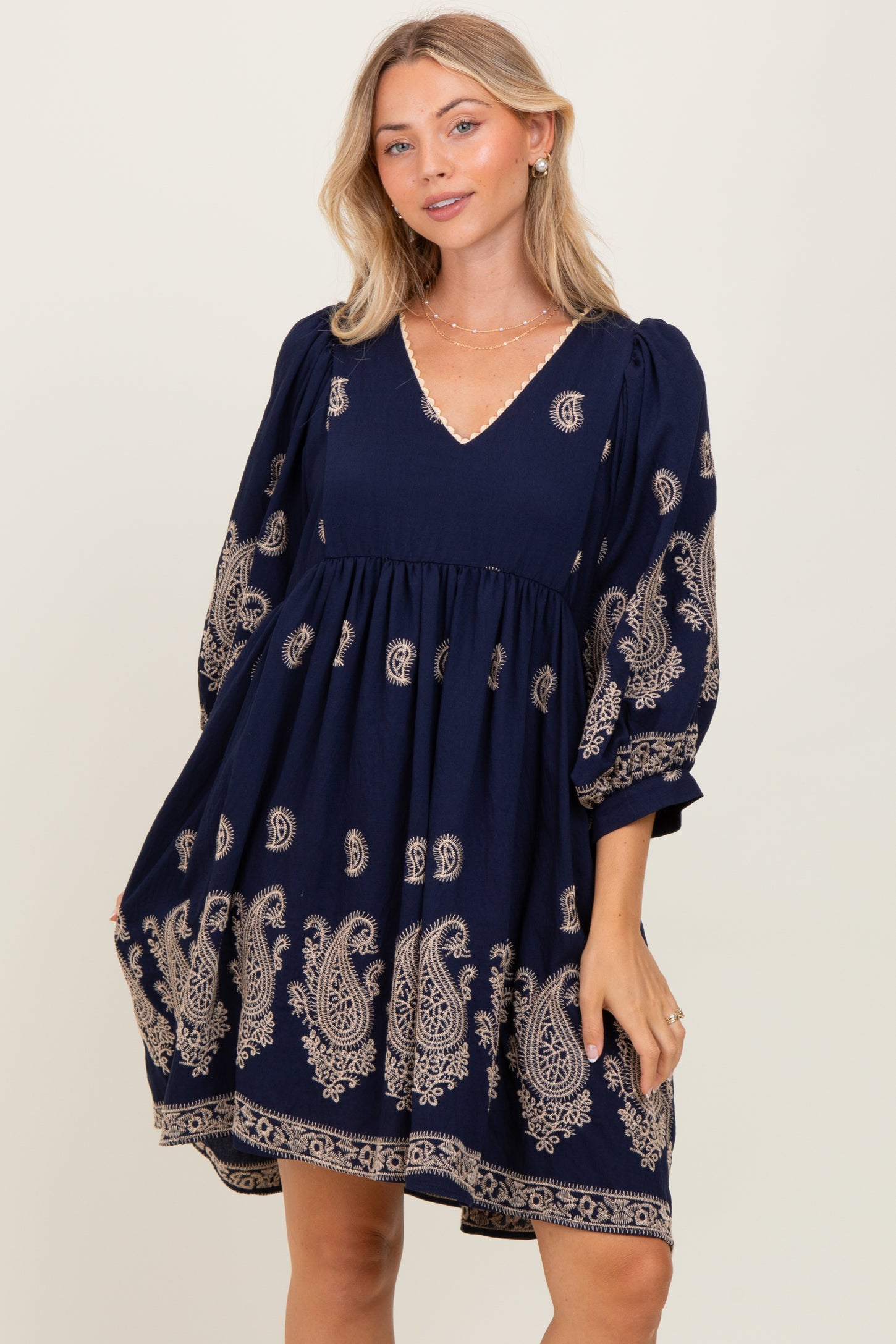 Navy Paisley Embroidered Bubble Sleeve Dress