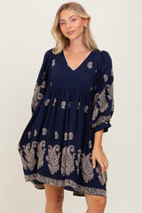 Navy Paisley Embroidered Bubble Sleeve Dress