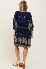 Navy Paisley Embroidered Bubble Sleeve Dress