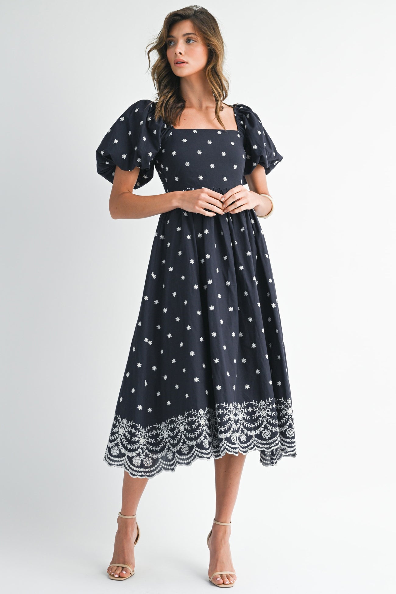 Navy Floral Embroidery Puff Sleeve Maternity Midi  Dress