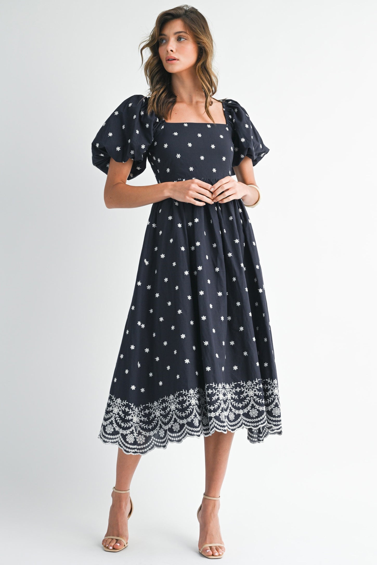 Navy Floral Embroidery Puff Sleeve Maternity Midi  Dress