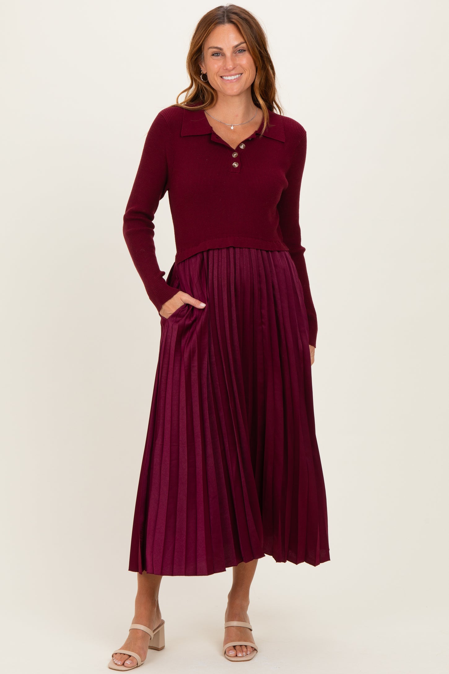 Burgundy Collared Knit Contrast Pleated Skirt Midi Dress