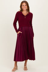 Burgundy Collared Knit Contrast Pleated Skirt Midi Dress