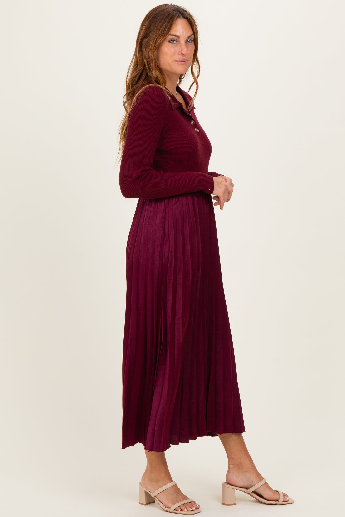 Burgundy Collared Knit Contrast Pleated Skirt Midi Dress
