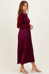 Burgundy Collared Knit Contrast Pleated Skirt Midi Dress