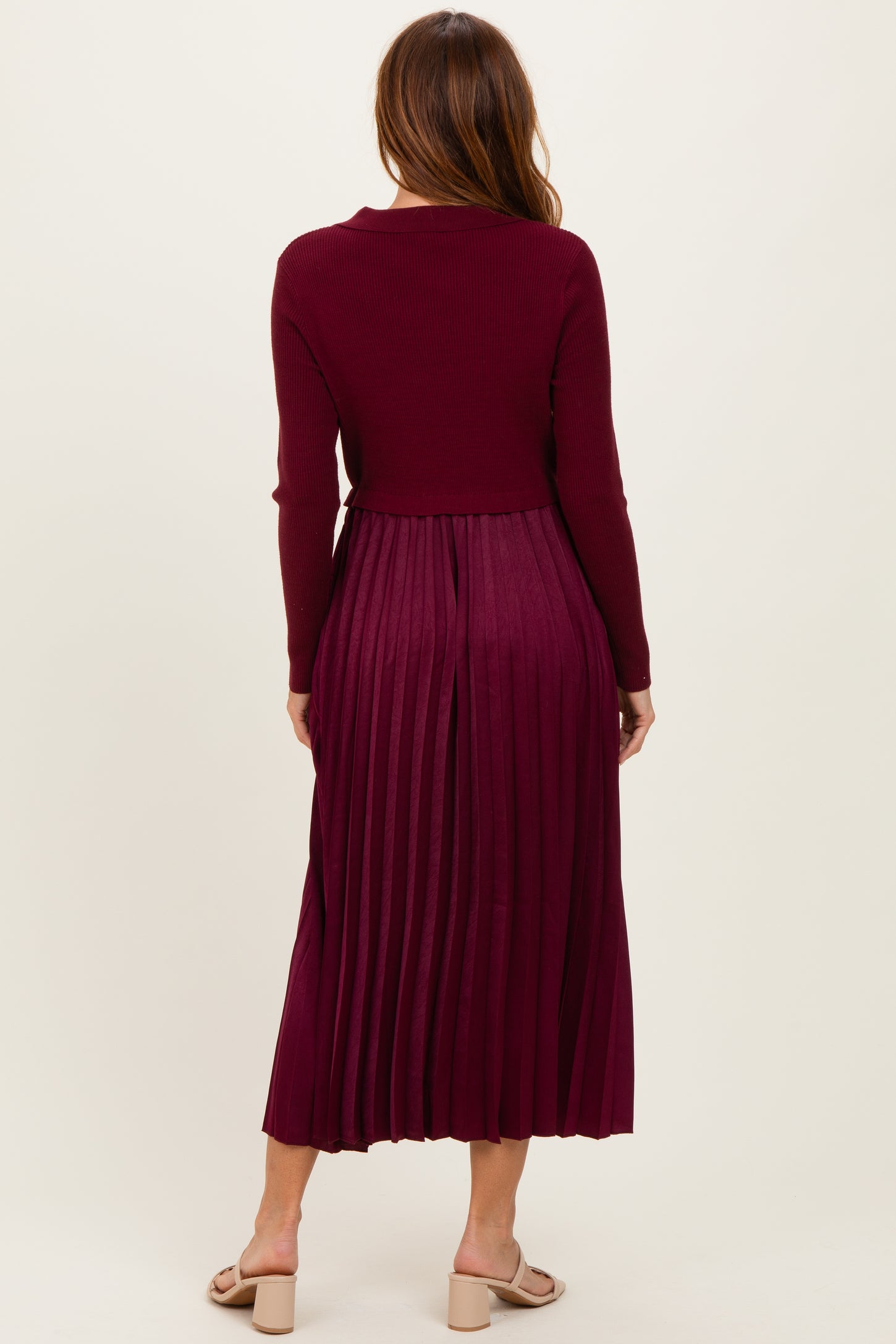 Burgundy Collared Knit Contrast Pleated Skirt Midi Dress