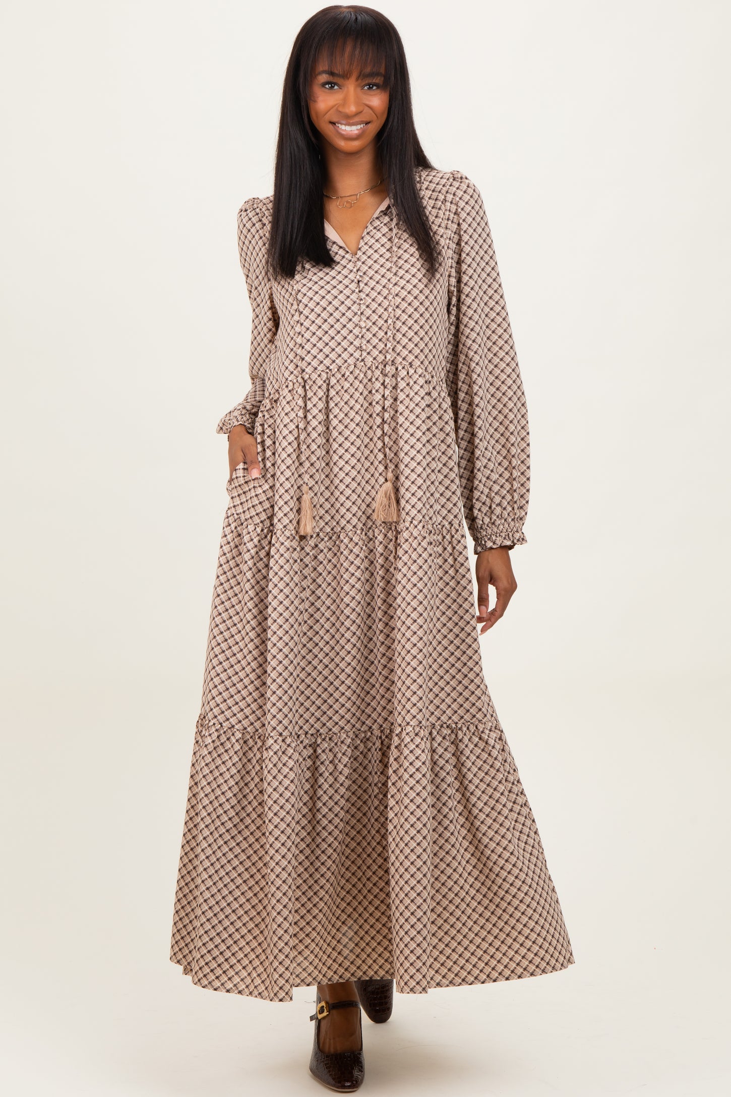 Taupe Plaid Tie Collar Tiered Maxi Dress