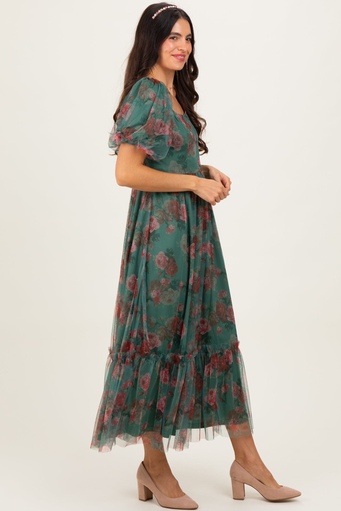 Forest Green Rose Print Tulle Overlay Midi Dress