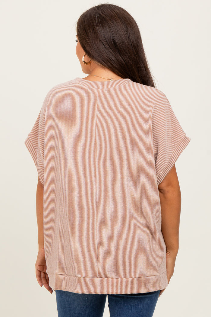 woman wearing a light pink striped maternity top with short sleeves and a relaxed fit, viewed from the back