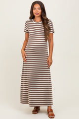 Brown Striped Short Sleeve Maternity Midi Dress