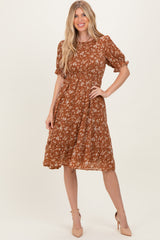 Rust Floral Short Sleeve Tiered Maternity Midi Dress
