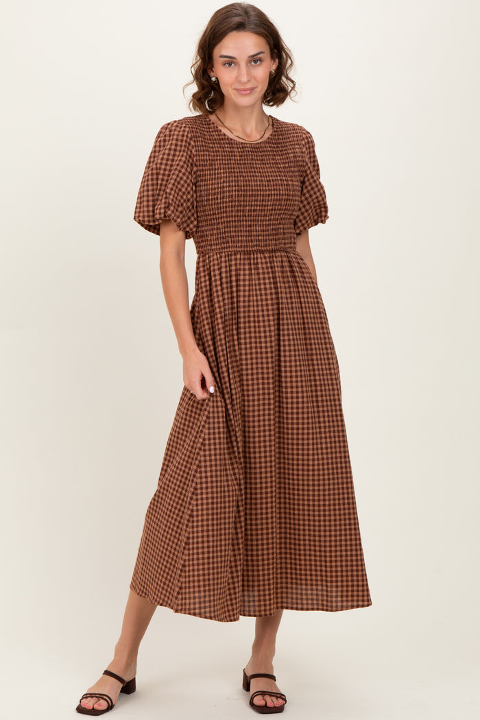 Brown Gingham Smocked Tiered Midi Dress