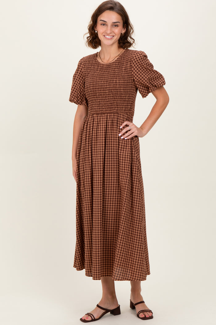 Brown Gingham Smocked Tiered Midi Dress