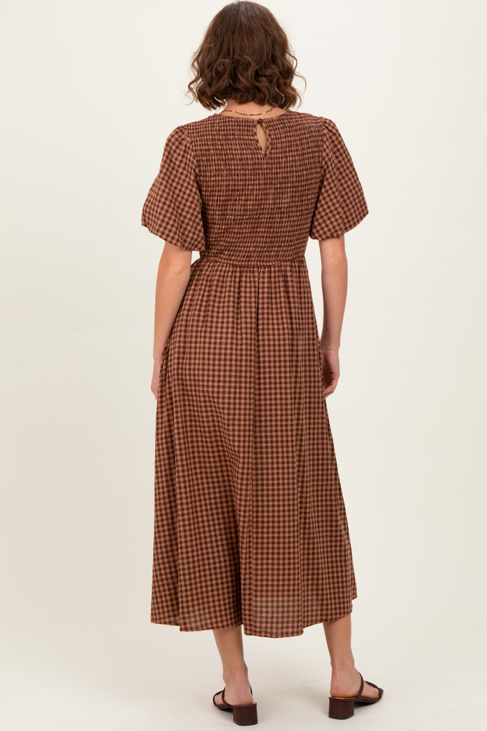 Brown Gingham Smocked Tiered Midi Dress
