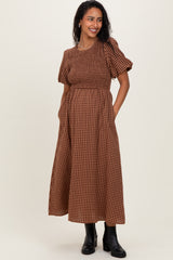 Brown Gingham Smocked Tiered Maternity Midi Dress