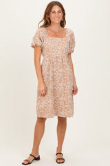 Taupe Floral Jacquard Square Neck Maternity Dress