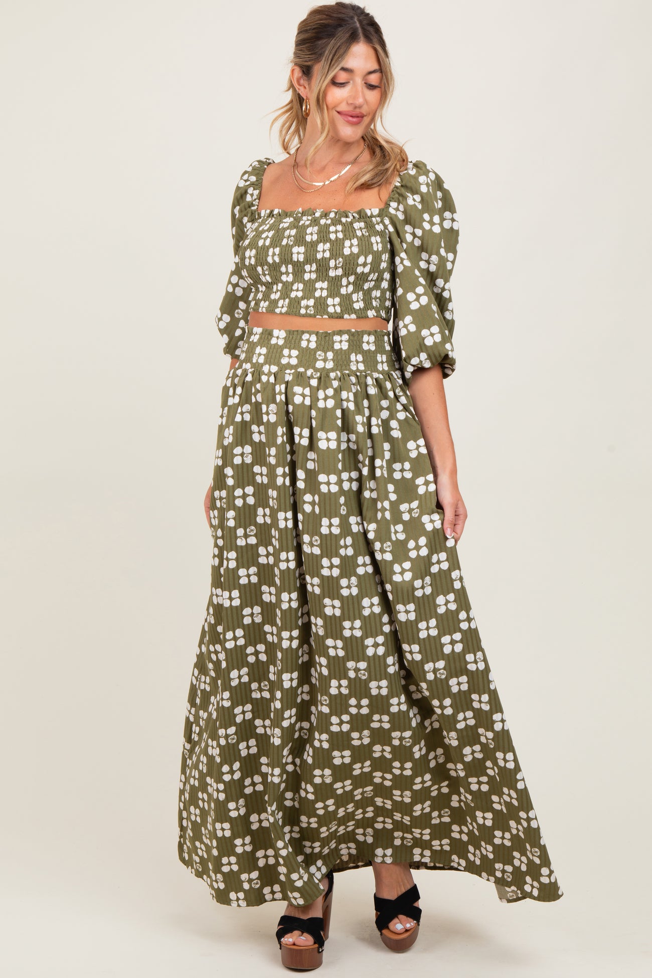 Olive Printed Smocked Crop Top Maxi Skirt Maternity Set