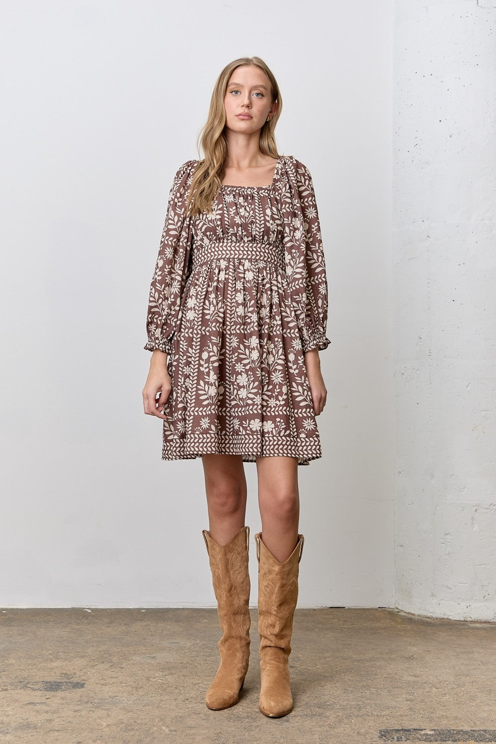 Brown Floral Square Neck Bubble Sleeve Maternity Dress